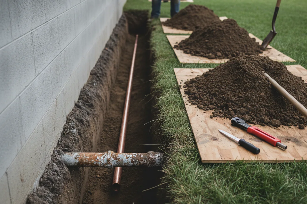 Excavated water line trench during Water Heater Repair in Signal Hill